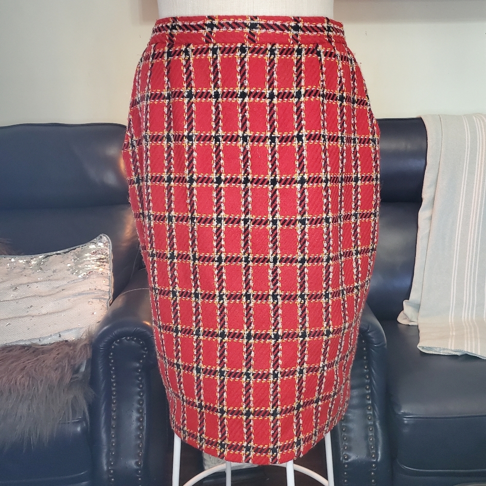 VINTAGE 1960s WOMEN'S EVAN PICONE RED WOOL PLAID PENCIL SKIRT WITH POCKETS SZ 12